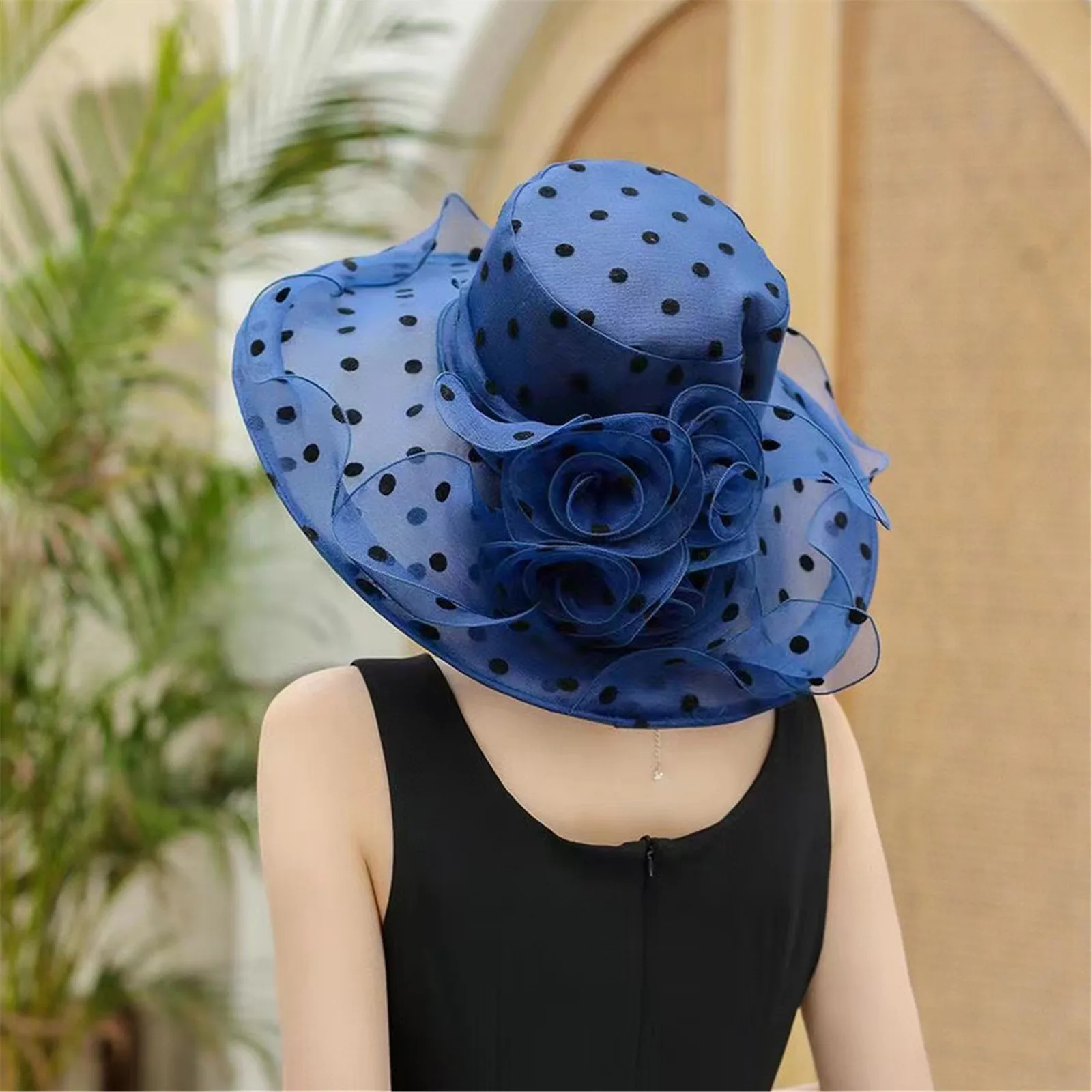Church Women Summer Organza Wide Brim Bucket Hat Charming Sweet Elegant Dots Sunscreen Sun Hat Lady Wedding Foldable Panama Cap smile