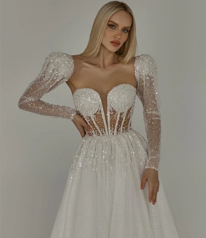 Fashion Sweetheart A-Line Wedding Dress 2024 Long Puff Sleeves Lace Beaded Sequins Sweep Train Bride Bridal Gowns Vestido De Novia Customed