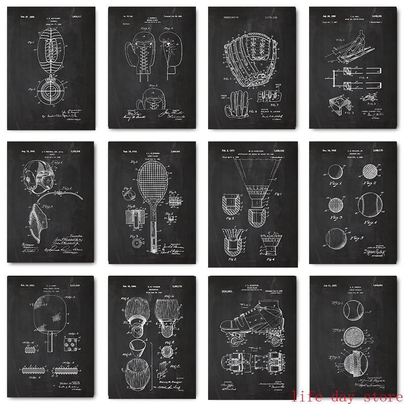 Patent Vintage Drawing Sport Poster Tennis Racket Table Tennis Racket Helmet Boxing ddmysmile Glove Patent For Living Room Home Decor Smile