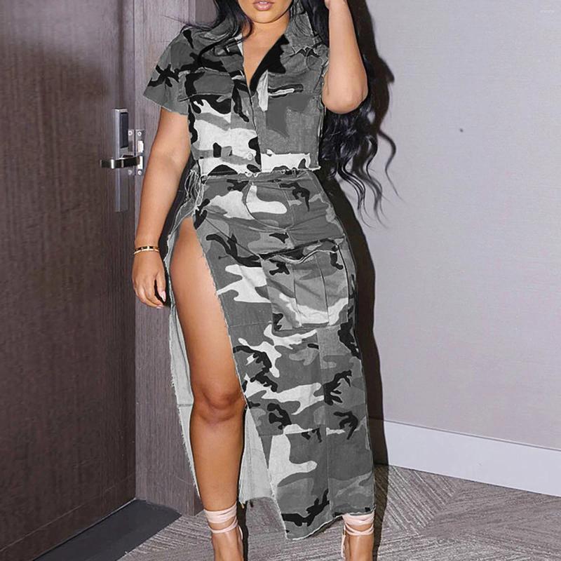 Work Dresses Two Piece Set Camouflage Skirt Sets Short Sleeve Shirts Crop Top Hight Waist Split Skirts Suit Streetwear Summer Outfits