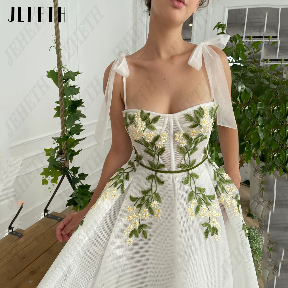 JEHETH Sweetheart Flowers Prom Dress Spaghetti Straps A-Line Vestido De Noiva new Tulle Lace Backless Ankle-Length 2025 Party Gowns