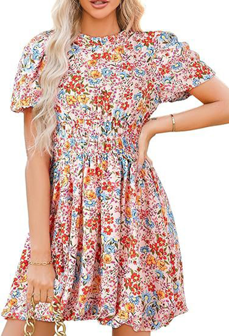 Floral Print Short Sleeve Flared Midi Dress summer dresses for women Bohemian round neck puff sleeves tie back gathered high waist beach floral mini d