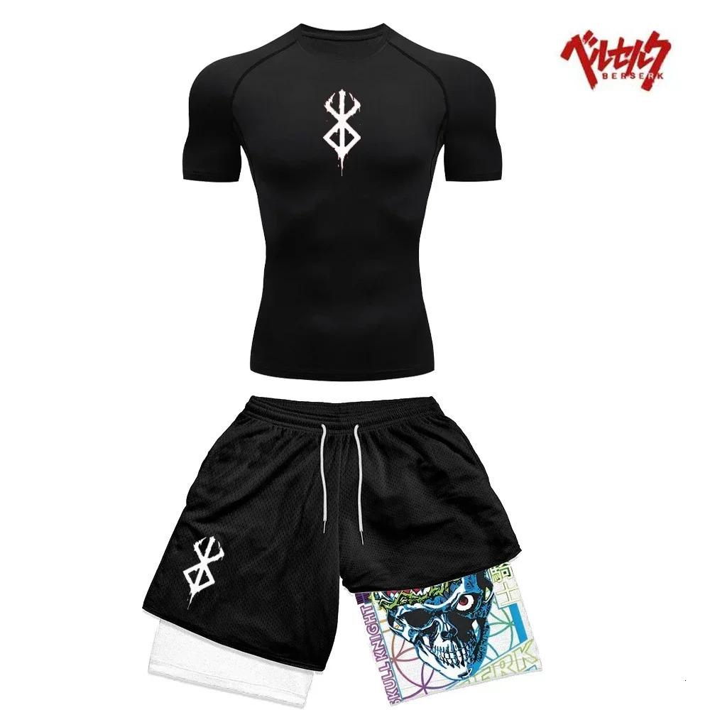 Compression sportswear fitness set mens quick drying compression shirtgym shorts 2PCS for running exercise 240521