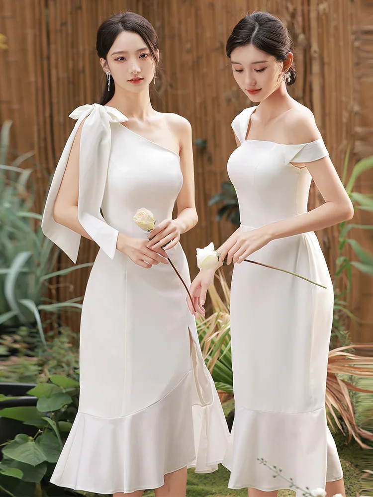 for Elegant Bridesmaid Dresses Women Korean Stylish One Shoulder A-Line Sister Group Gown Lady Simple White Party Dress smile