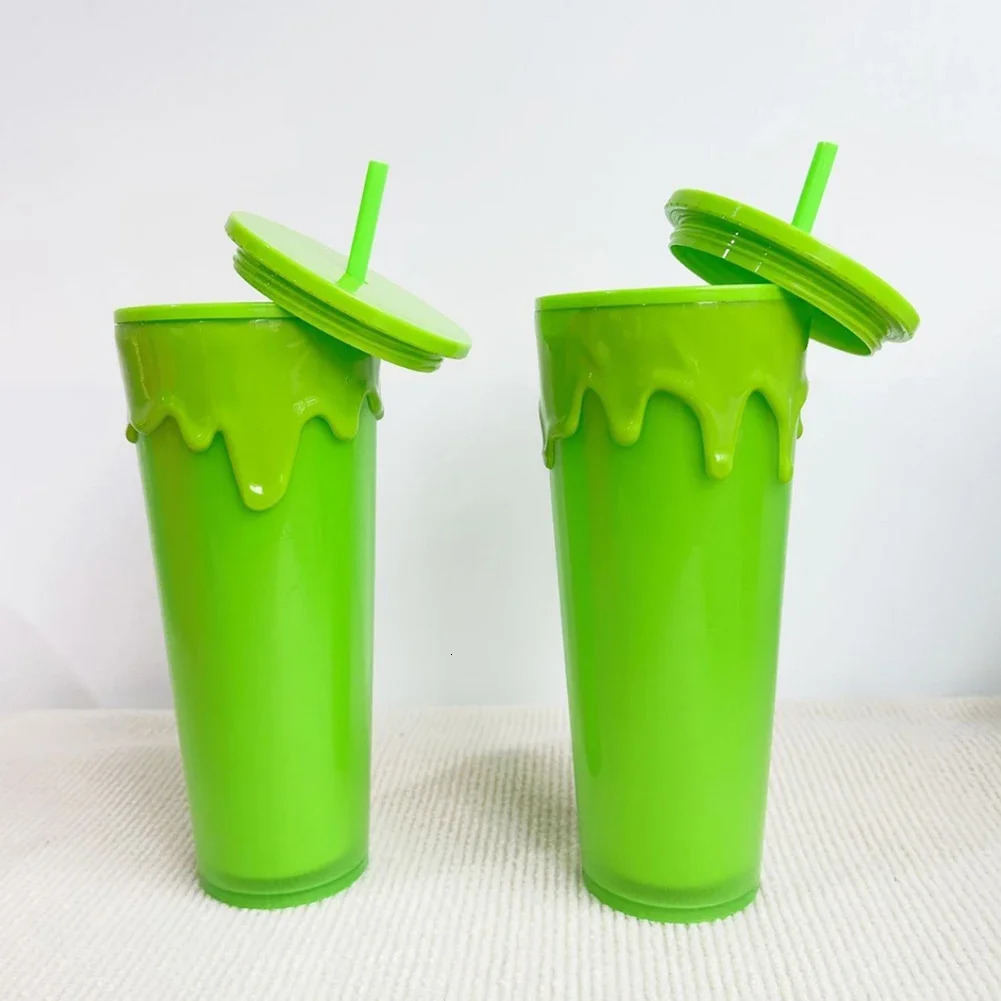 24oz710ml Lava Halloween Theme Plastic Cup Double Layer Slime Green Glow In The Dark Tumbler Cup with Straw Lid Holiday Gift 240527