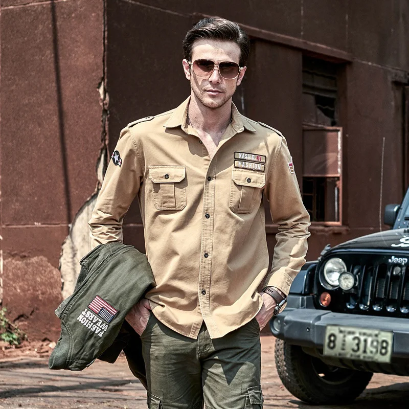 Clothes Shirts Bomber Men Military Style Work Air Force Pilot Cargo Airborne Clothing Long Sleeved Male smile