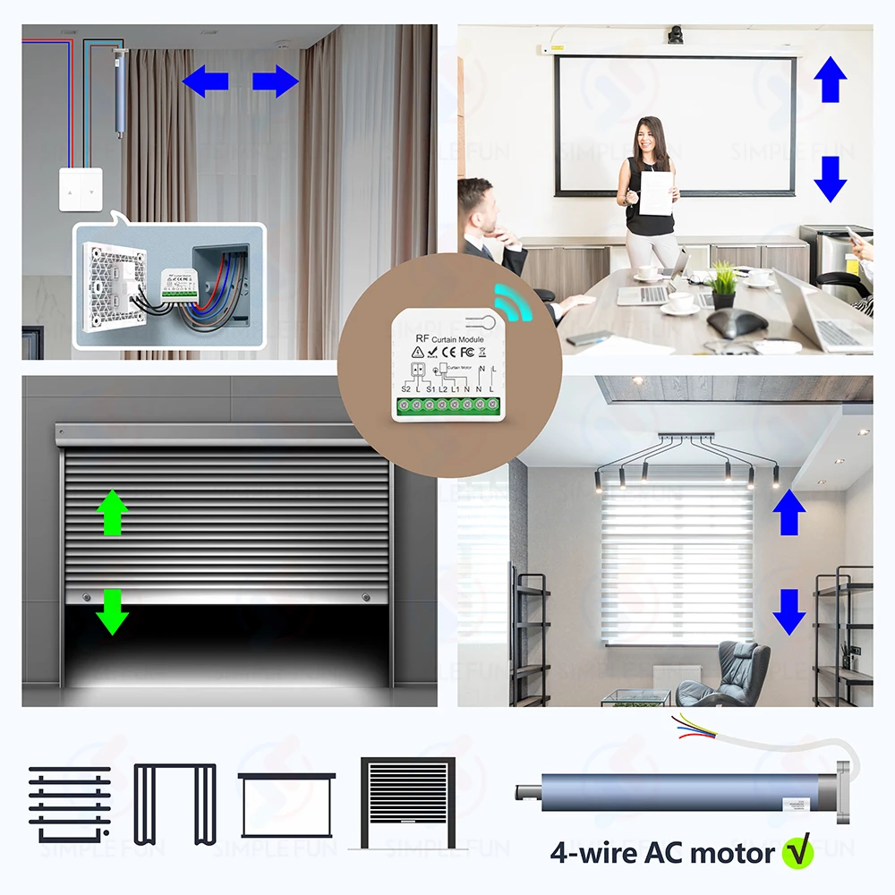 433Mhz Roller Shutter Curtain Switch and 5-in-1 Remote Control 110V 220V 16A RF Module for Remote Control Blind/Garage/AC Motor