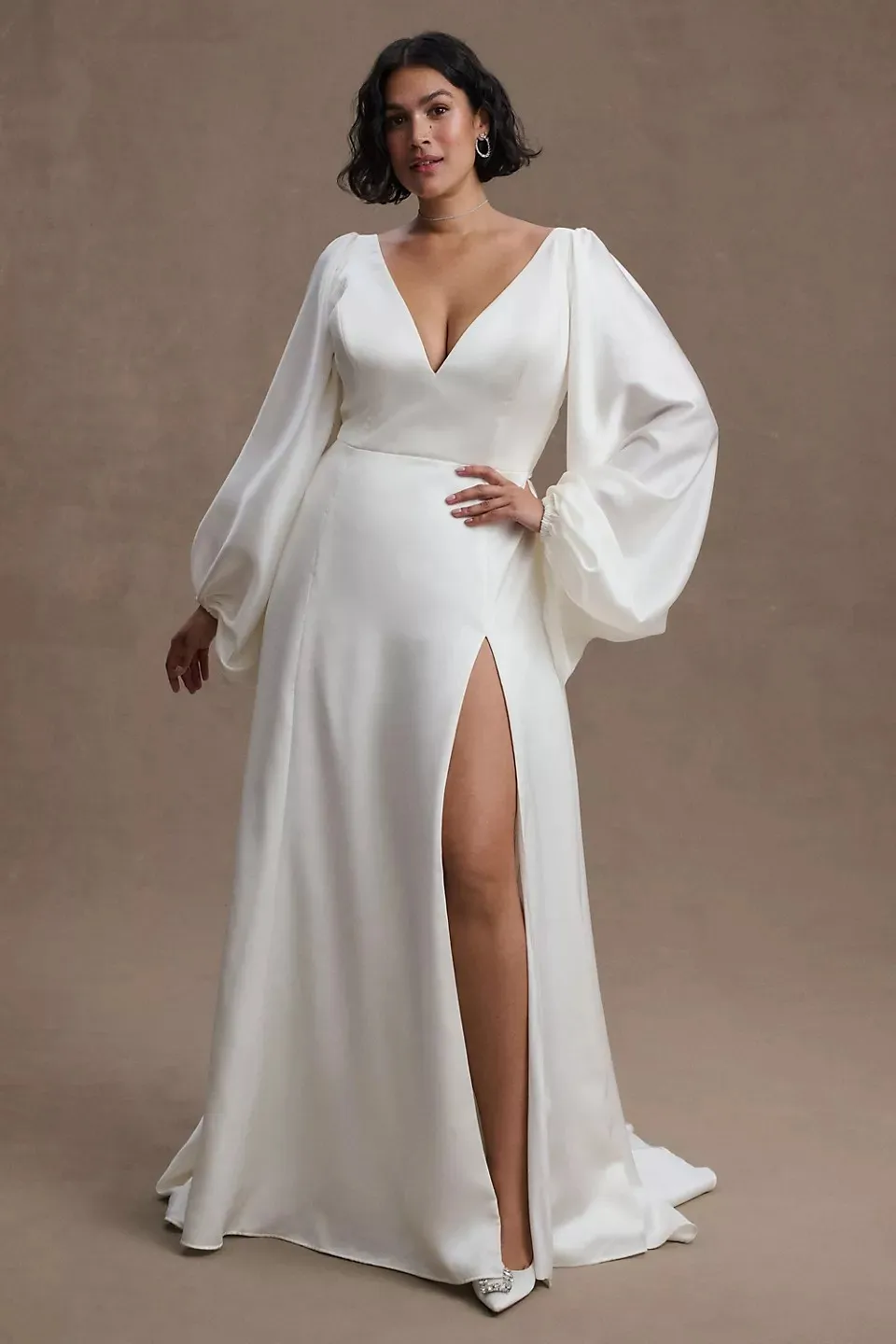 Puff Modern ddmysmile Sleeves Long V-Neck Soft Satin Wedding Dresses Side Slit Formal Bridal Grown 2023 Vestido De Noival Smile