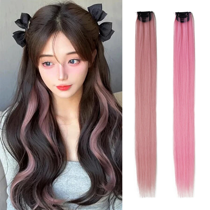 Colored Thick ks 55CM Straight Clip In Hair Extensions Synthetic Highlight Rainbow Hair Clips Grey Blue Purple Hairpieces smile