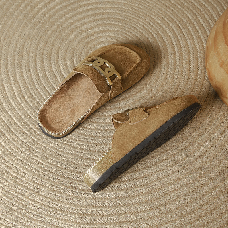 Chain Metal Slippers Woman Nubuck Leather Flat Sandals Cover Toe Mules Femme Cork Slides Outside Clogs Sandalia Ladies Flipps