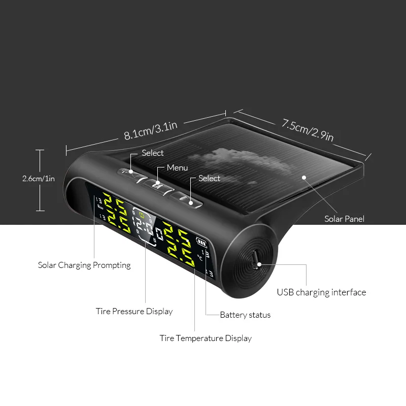 2025 Acceo K20 Car TPMS Tire Sensor Solar Power LCD Time Digital Display Temperature And new Pressure Auto Security Alarm System 4 Wheels