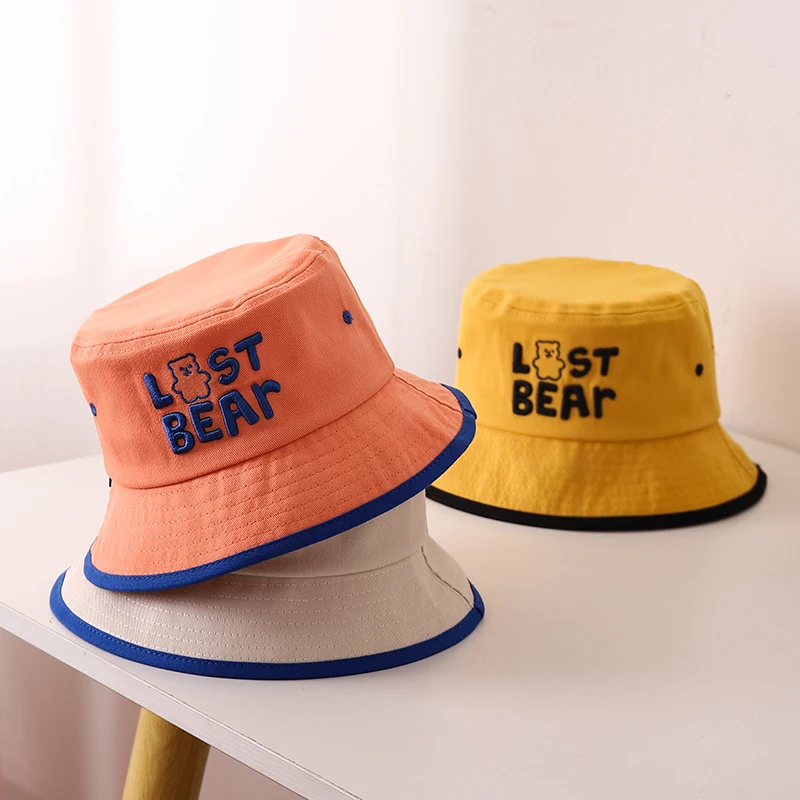 Reversible Bucket Hat Baby Cute Bear Embroidered Children Boys Girls Fisherman Cap Spring Summer Outdoor Kids Beach Sun Hats smile