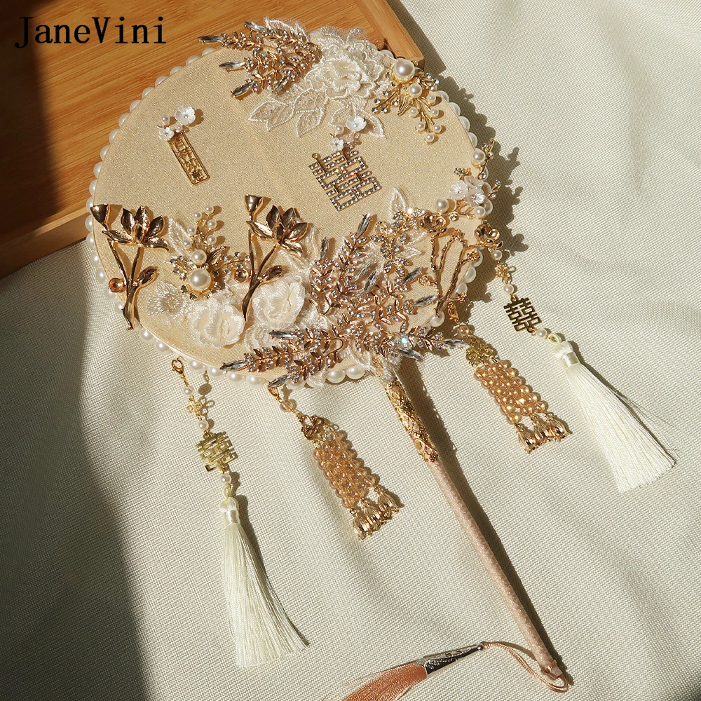 ddmysmile Gold Pearls Janevini Beaded Wedding Fan Lace Flowers Chinese Bridal Hand Fan Ancient Tassel Bride Bouquet De Mariage Smile