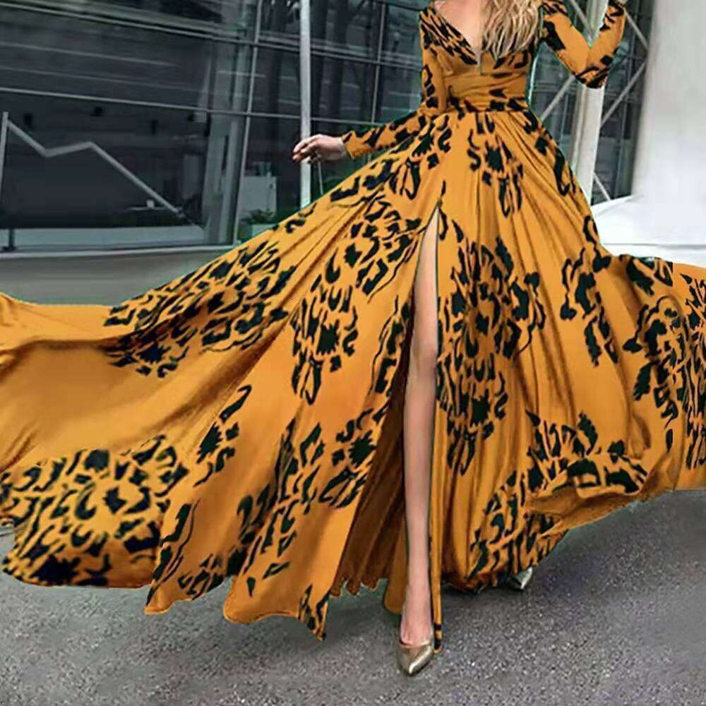 Womens New Dress With Split Leopard Pattern Slim Fit And Sexy Deep V Long Sleeved Long Skirt