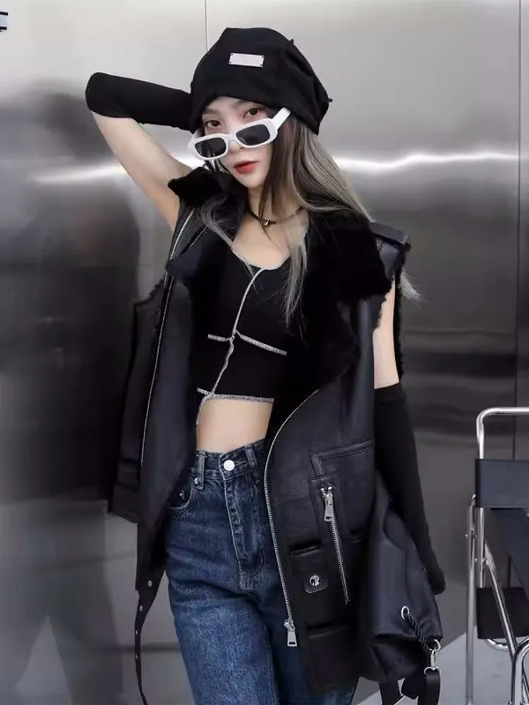 Punk Style Women Warm Wool Lining Shearling Sleeveless Jacket Mid Long Moto Biker Genuine Leather Vest Autumn Casual Waistcoat 240513