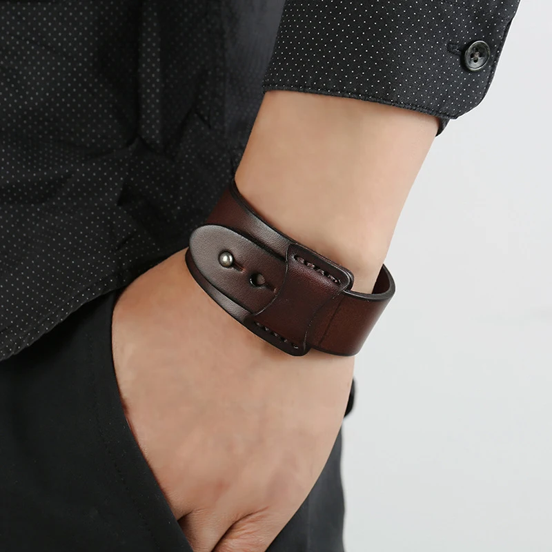 Genuine Kirykle Vintage Men Leather Bracelets Wide Brown Cuff Wrap Bracelets&Bangles Punk Charm Wristband Women Men Jewelry Gift smile &Bangles