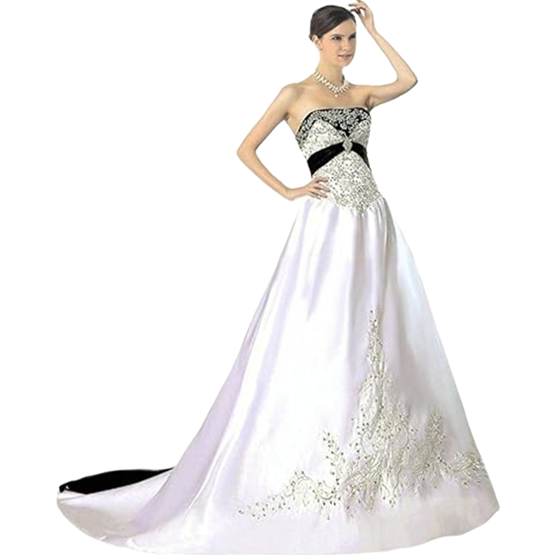 Vintage Black And White Wedding Dresses A-line Embroidery Beaded Satin Long Bridal Gowns Strapless Sleeveless Vestido De Novia 2024 Gothic Country Bri
