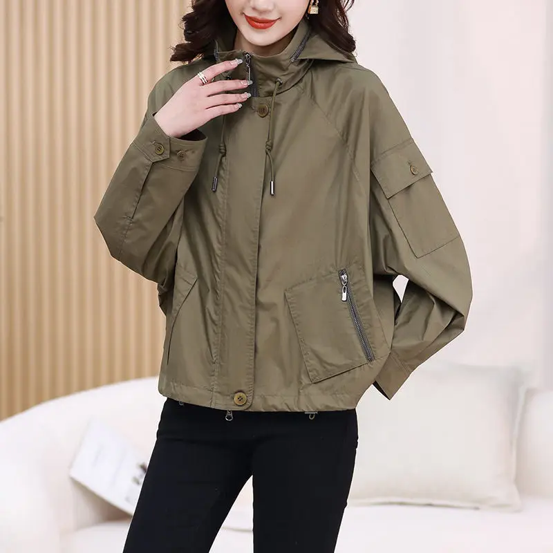 Spring Autumn Trench 2023 ddmysmile Coat Women's Wear Korean Loose Hooded Long Sleeve Casual Short Windbreaker Outerwear Z1087 Smile