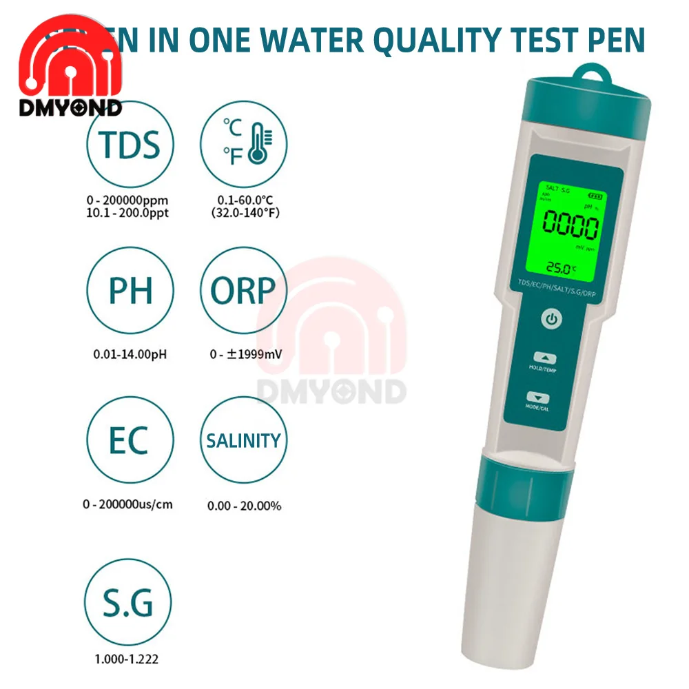 7 1 Digital in Water Quality Tester Water Quality Measurement Tool Test Pen PH/TDS/EC/Salinity/ORP/S.G/Temperature Measuring smile