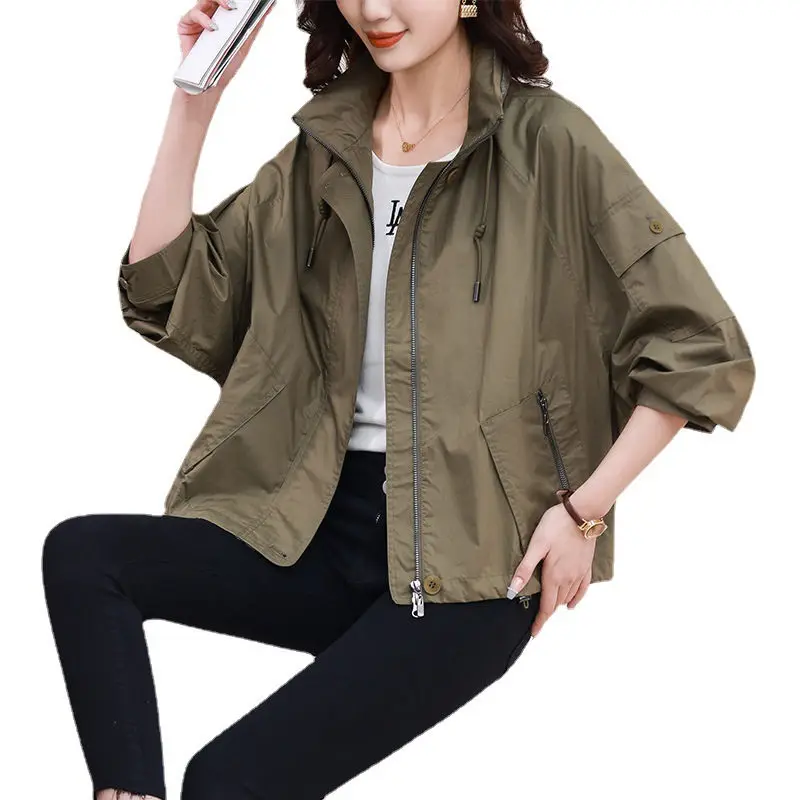 Spring Autumn Trench 2023 ddmysmile Coat Women's Wear Korean Loose Hooded Long Sleeve Casual Short Windbreaker Outerwear Z1087 Smile