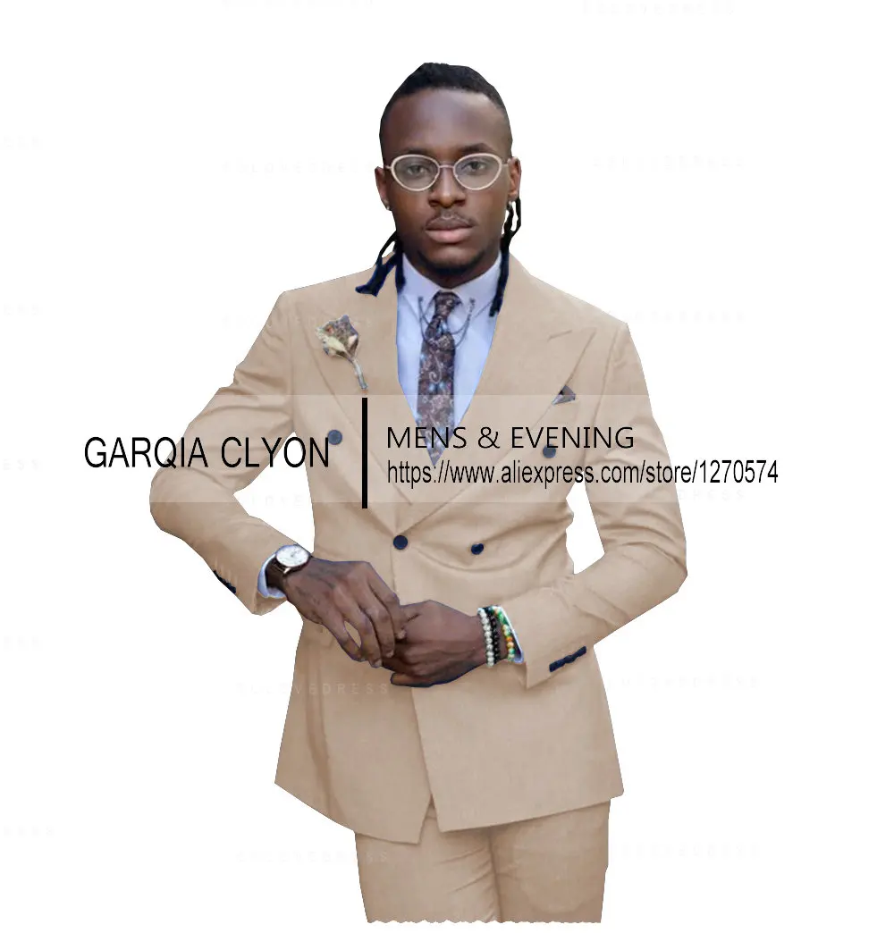 Pieces 2 Mans Suit Double Breasted Notch Lapel Flat Slim Fit Casual Tuxedos For Wedding smile