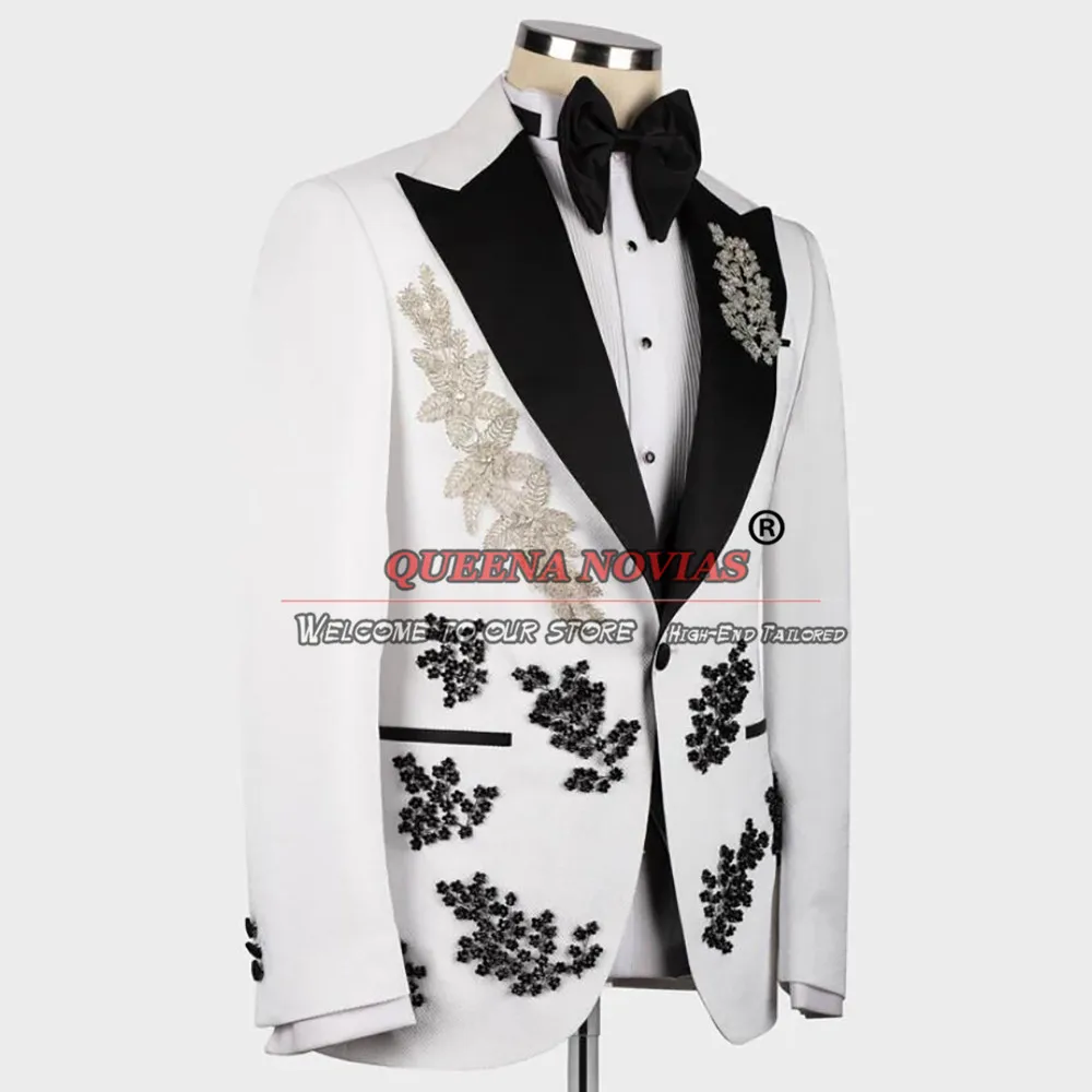 For Wedding Men Suits Crystals Beading ddmysmile White Jacket Vest Pants Black Trousers 3 Pieces Formal Groom Tuxedo Tailor-Made Smile