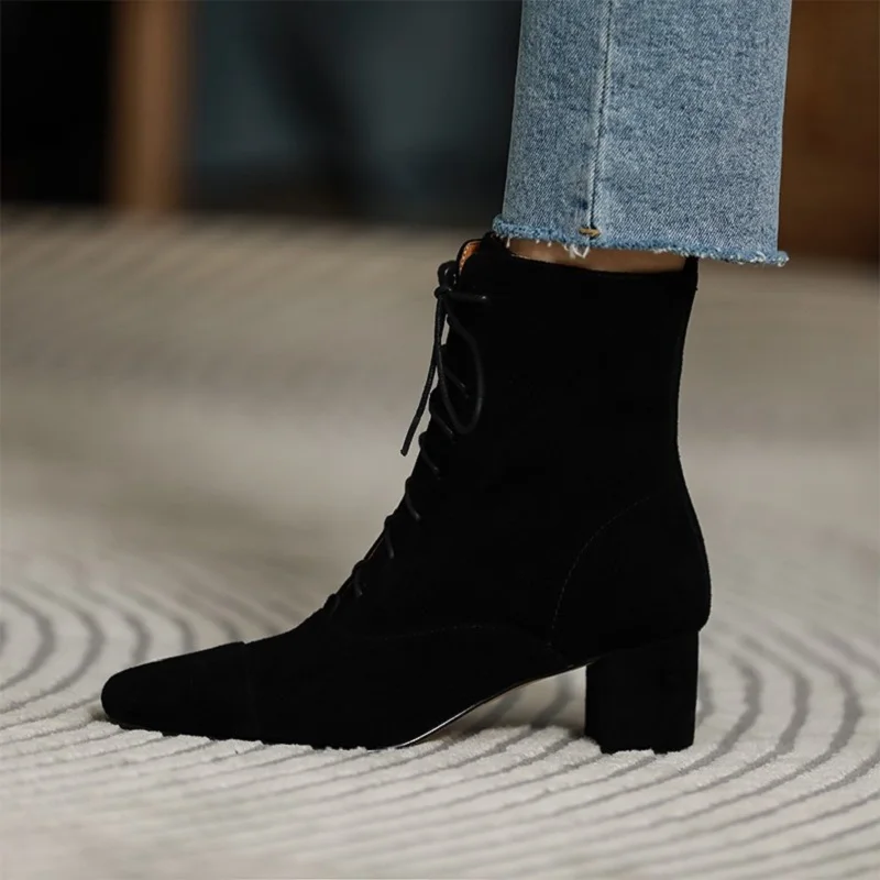 Modern Women's Ankle Boots Winter Shoes Thick Heel Woman Boots Simple Style Women Shoes On Heel Kid Suede French Retro Shoes
