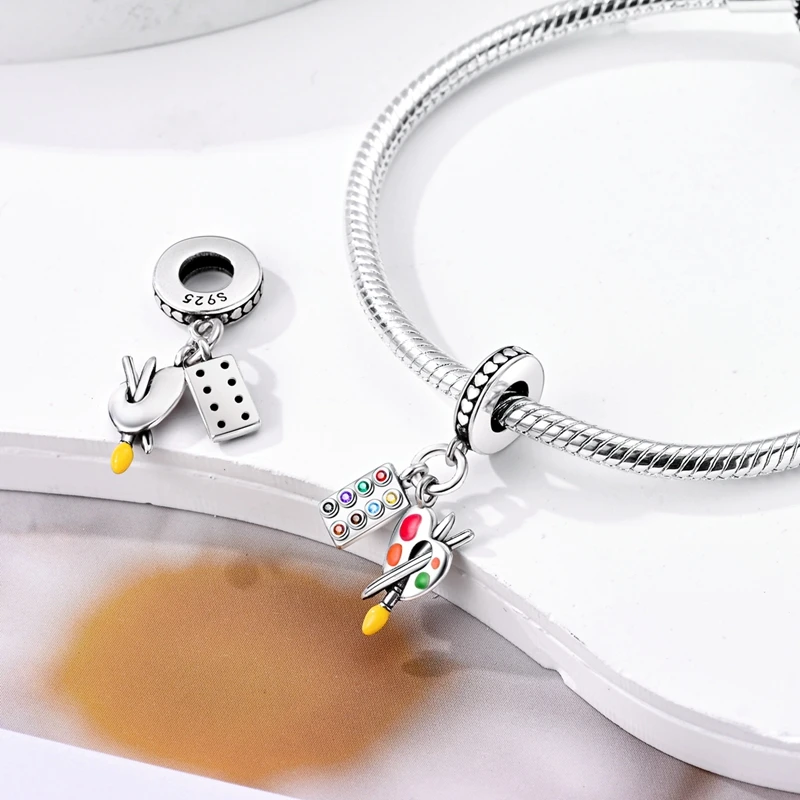 7/Pc Set CZ Sterling Sier Color Palette Painter Pen Charms Earrings Necklace Ring Bracelet Set Box For Women Jewelry Gift smile