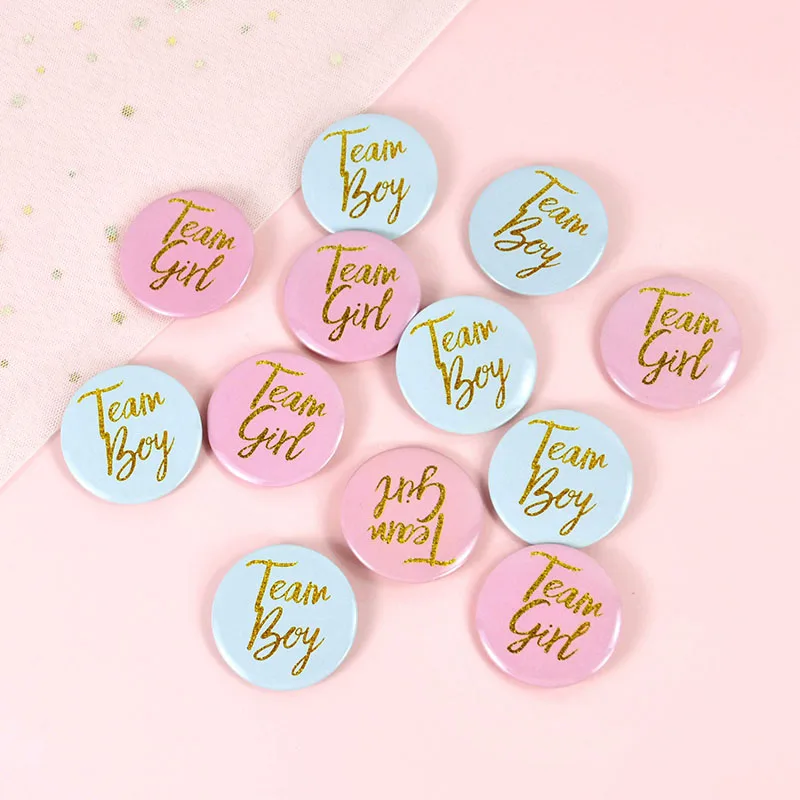 Birthday 12Pcs Boys Girls Badges ddmysmile Gender Reveal Pink Blue Team Boy Girl Tinplate Badge Baby Shower Kids Birthday Party Decoration Smile