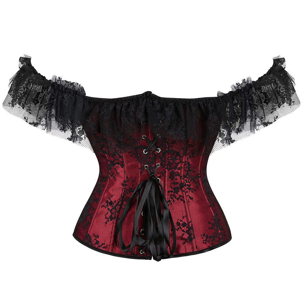 Corset for Women Tops Steampunk Gothic Off Shoulder Bustier Jacquard Overbust Corset Renaissance Corsets with Lace Short Sleeves smile