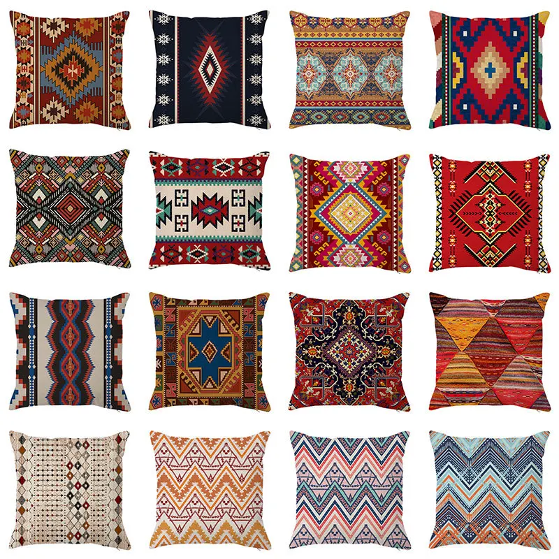 Geometric Indian Linen Colorful Pillowcase Boho Ethnic Graphic Pillow Case for Pillows Sofa Home Decor Garden Chair 45x45 40x40 smile