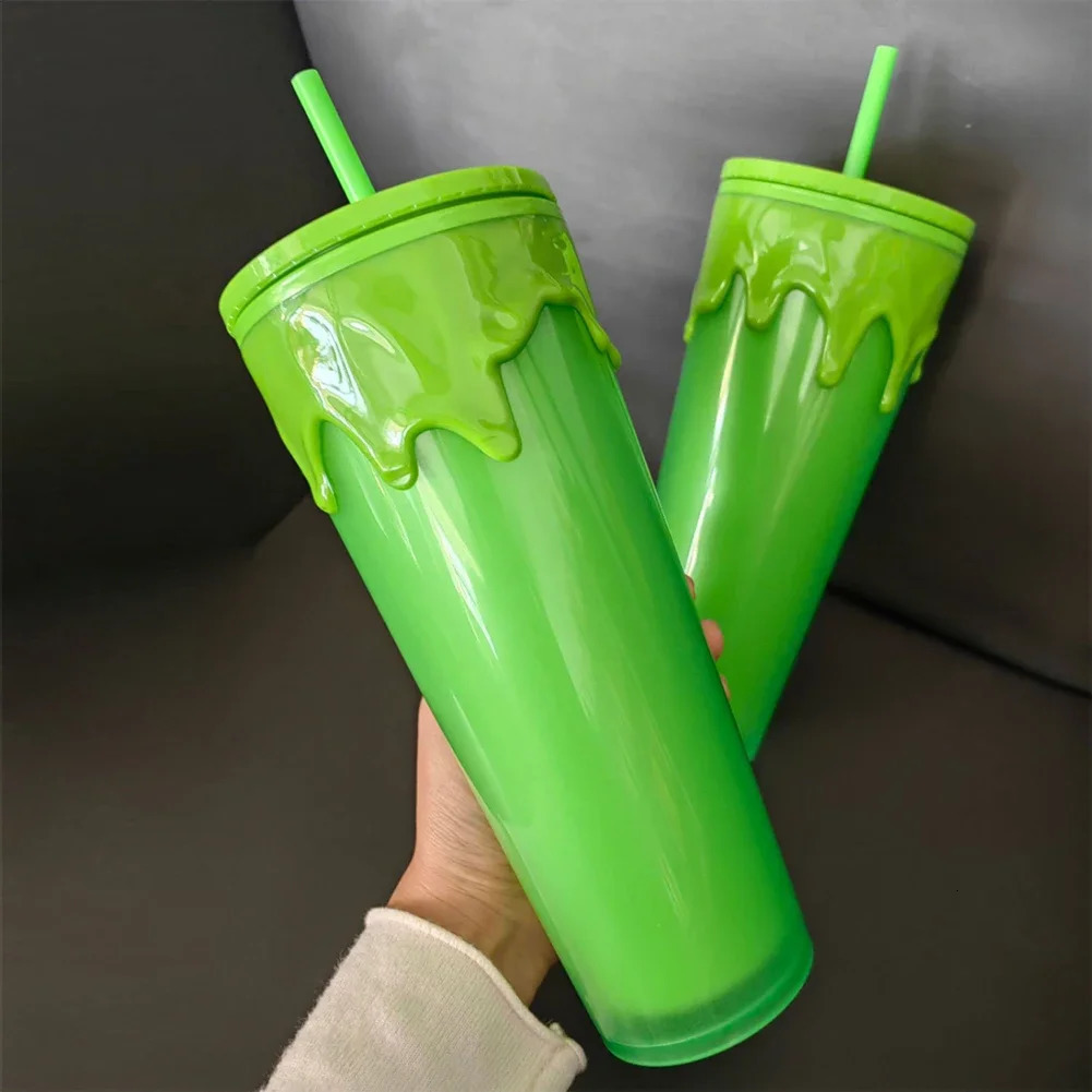 24oz710ml Lava Halloween Theme Plastic Cup Double Layer Slime Green Glow In The Dark Tumbler Cup with Straw Lid Holiday Gift 240527