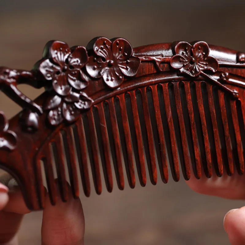 Natural Wooden Comb Add Box Sandalwood Comb Portable Mahogany Anti Static Chinoiserie Woman's Gift Hollow Carved Massage Comb