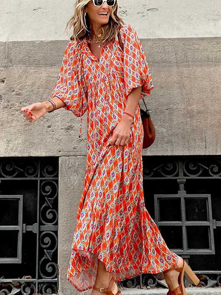 Basic Fashion Women Print Summer Loose Boho Dress Casual Elegant Short Se Beach Party Dresses For Woman Robe Femme 2023 New T240523