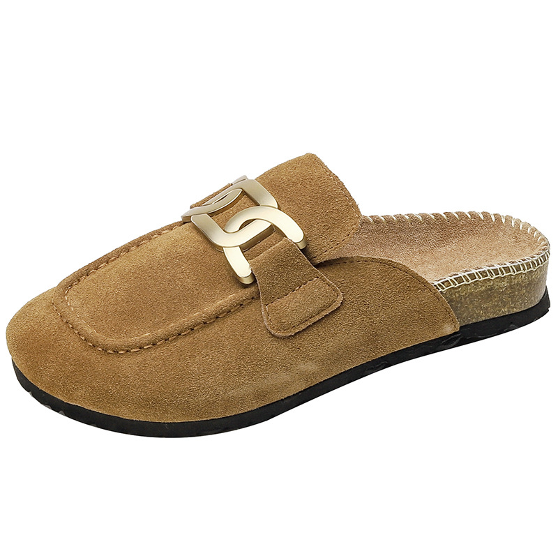 Chain Metal Slippers Woman Nubuck Leather Flat Sandals Cover Toe Mules Femme Cork Slides Outside Clogs Sandalia Ladies Flipps