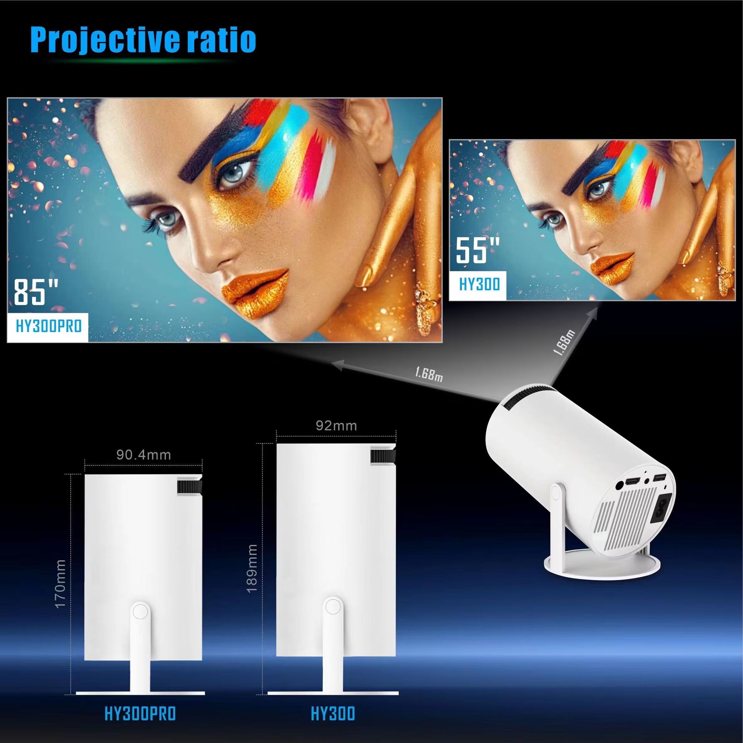 HY300 Pro Portable Projector BT 5.0 Android 11.0 With 2.4/5G WiFi6 Round Design Movie Projector 40"-130" Screen,180° Flip PK Android TV BOX
