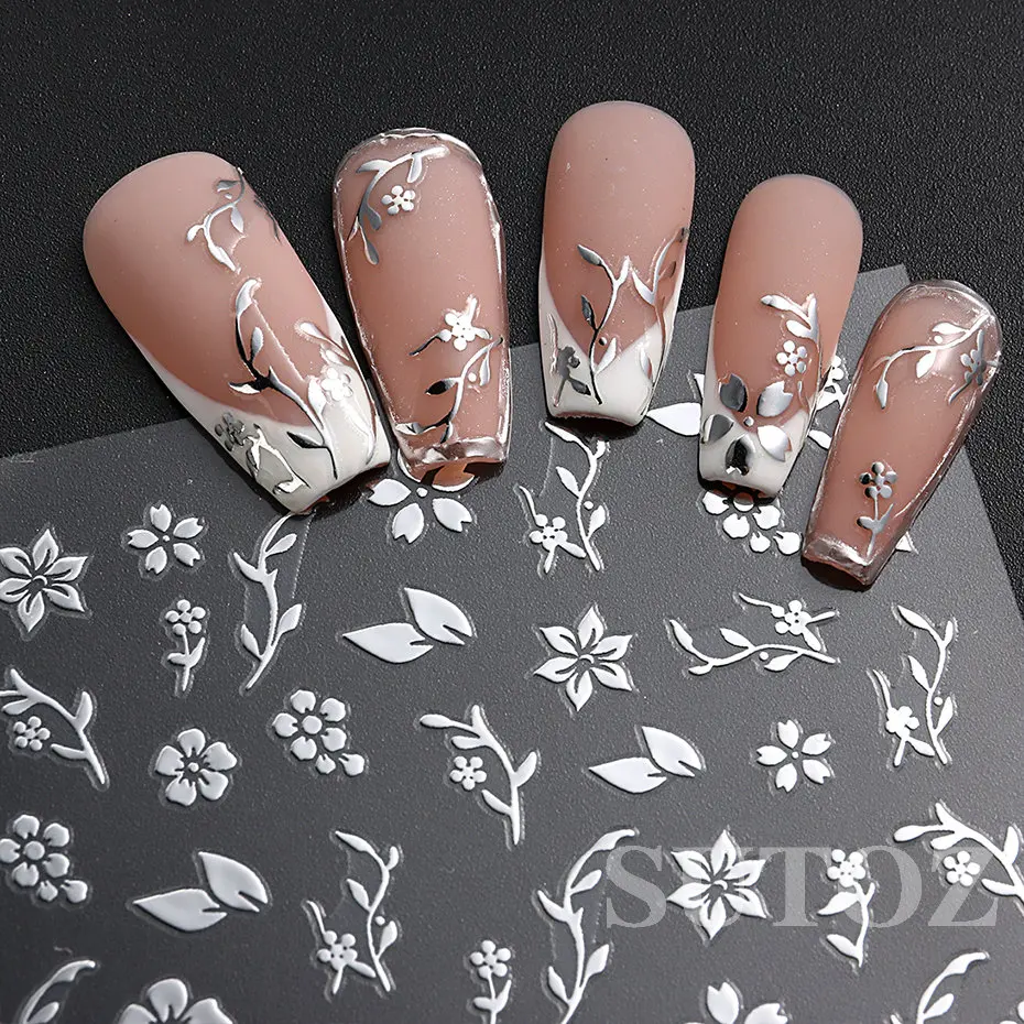 Flowers Nails Stickers Sakura Rose Gold White Cherry Blossom Foliage Gorgeous Florals Manicure 3D Nail Charming Ornament BTF-S29 smile