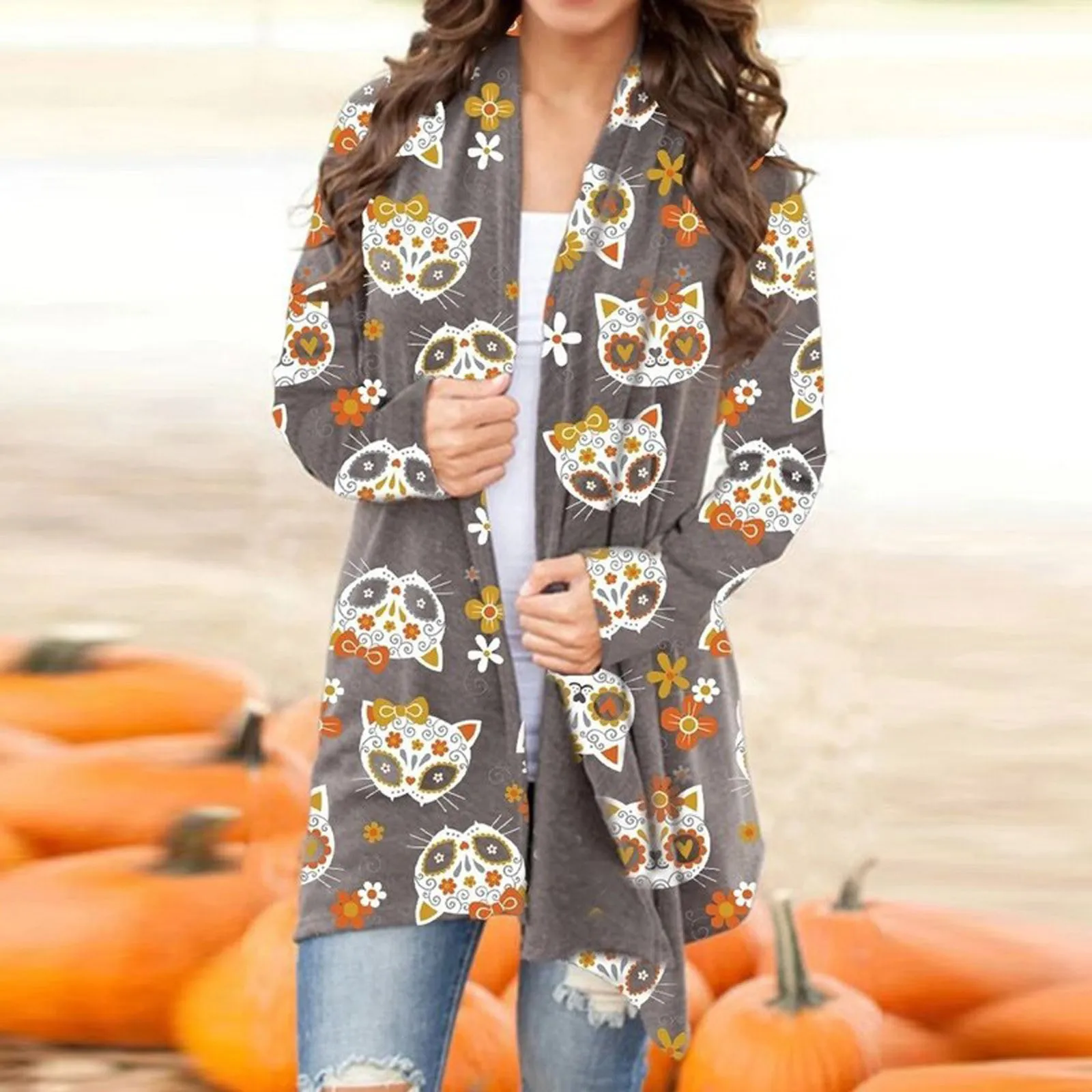 Ladies 2022 Cardigan Hot Women High Quality Sweater Popular Halloween Cat Printed Casual Coat Plus Size Top Clothes Ropa Mujer smile