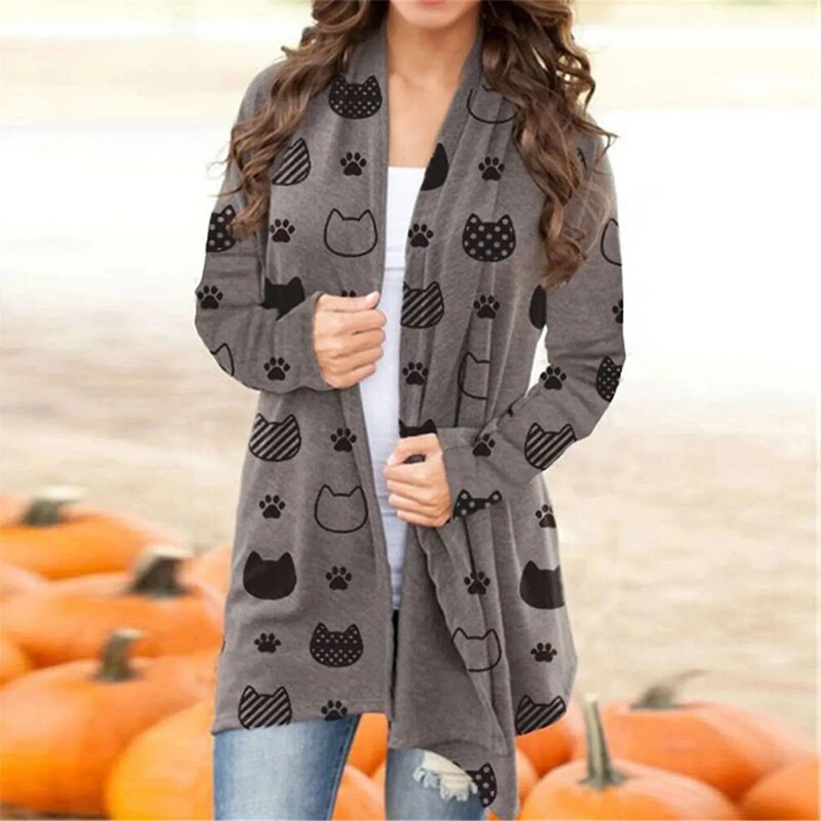 Ladies 2022 Cardigan Hot Women High Quality Sweater Popular Halloween Cat Printed Casual Coat Plus Size Top Clothes Ropa Mujer smile