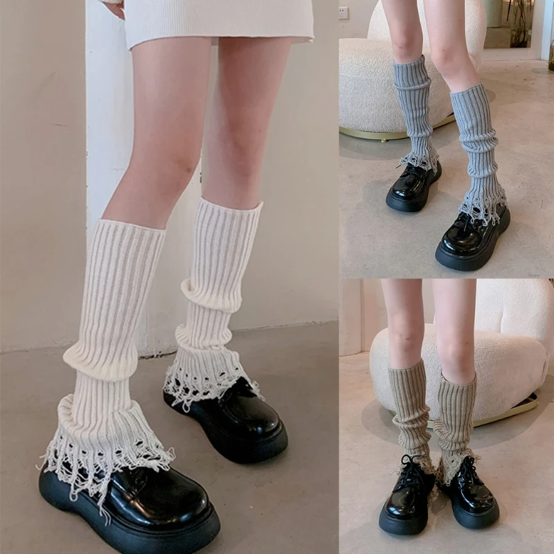 Y2k Haruku Ribbed ddmysmile Women Knitted Leg Warmer Solid Color Gothic Punk Tassels Frayed Hem Distressed Leg Covers Long Socks Smile