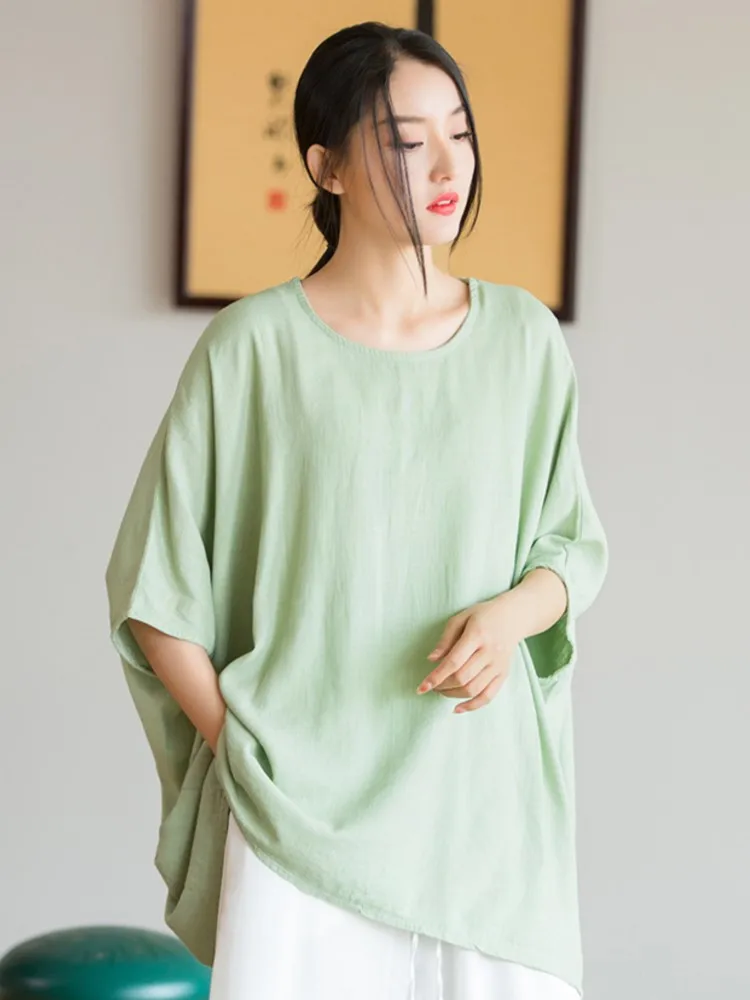 Johnature Bat Sleeve Women Linen T-Shirts Solid Color Loose Tops O-Neck Summer New 2024 Women Clothes Original Vintage Tshirts smile