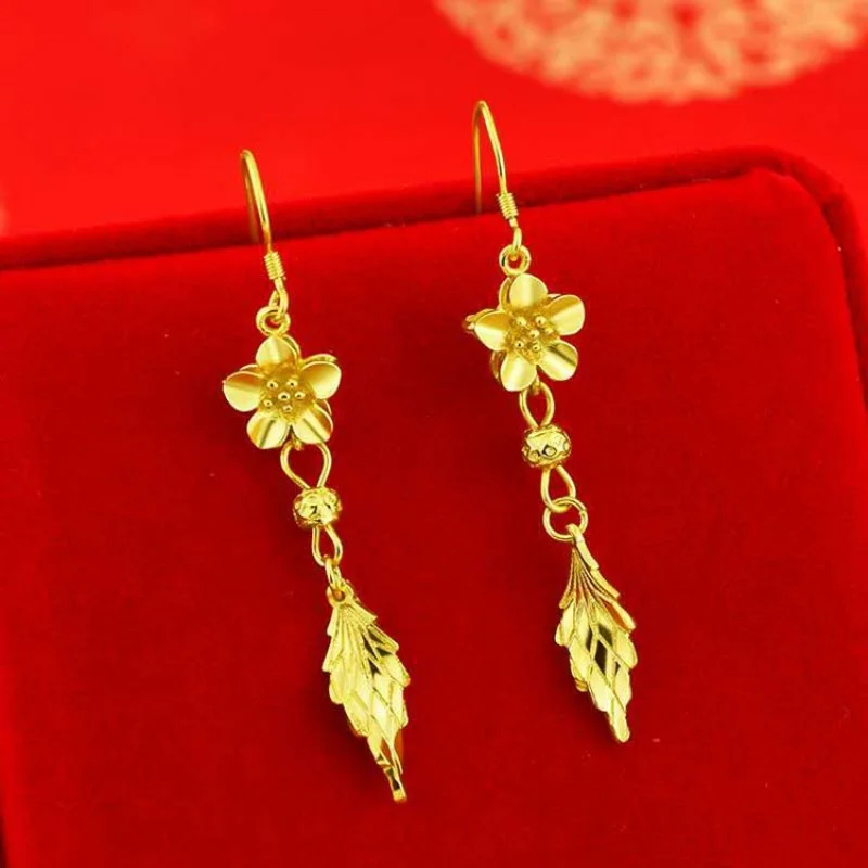 with shop 999 Gold real gold earrings fortune prosperous temperament gold earrings flower and leaf eardrop solid earrings smile