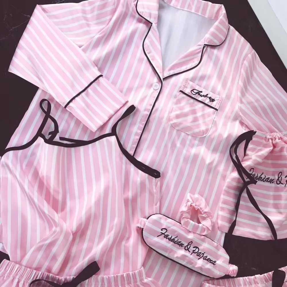 Women's Sleepwear JRMISSLI women 7 pieces pamas sets satin silk Sexy lingerie home wear slpwear pyjamas set pijama woman T240523