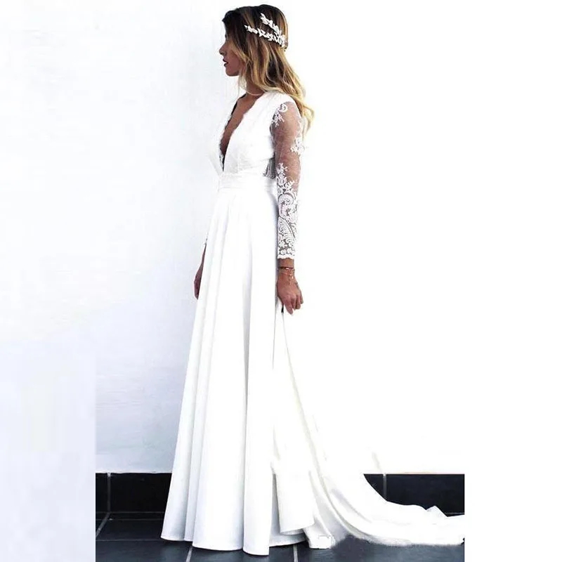 Beach A-line Wedding Dresses 2024 V-neck Lace Appliques Long Sleeves Back Out Chiffon Boho Bridal Bride Gowns Vestido De Novia Customed
