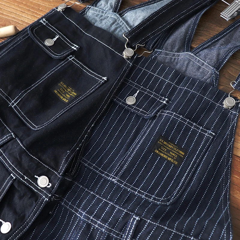 Vintage Men Jeans Ameki Autumn Winter New Multi-pocket Plain Striped Overalls Straight Denim Jeans Retro Casual Long Trousers smile