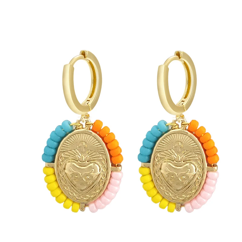 Earrings Hoop QMHJE Dangle Women Virgin Mary Scared Heart Cross Mom Circle Hand Seed Beads Chain Yellow Gold Color Rainbow Boho smile