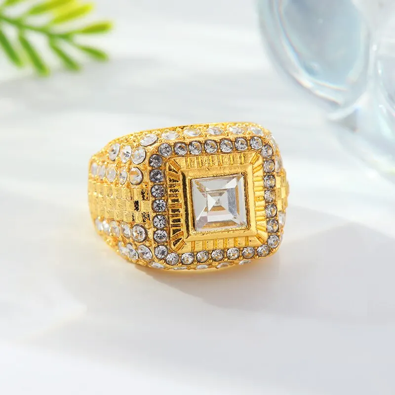 Gold-color Men 1pcs Ring Hip Hop Trendy Street Handmade Point Glass Rhinestones Multiple Sizes Available Zinc Alloy Jewelry smile