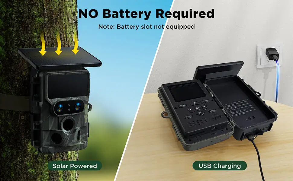 SunGusOutdoors 4K 48MP Solar Powered WiFi Dual Lens Wildlife Trail Camera Traps with 13MP SONY Native Sensor App Settings