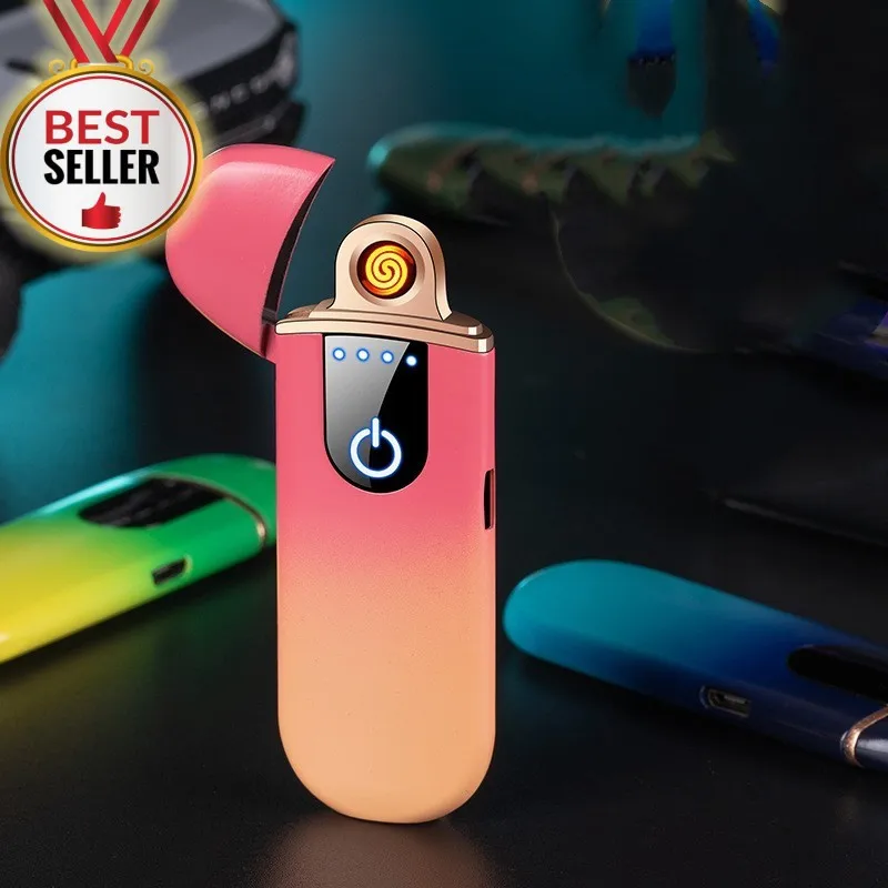 Mini Windproof Metal Thickened Tungsten USB Fast Charging Lighter Cool Color Portable Touch Sensor LED Power Display Men's Gifts