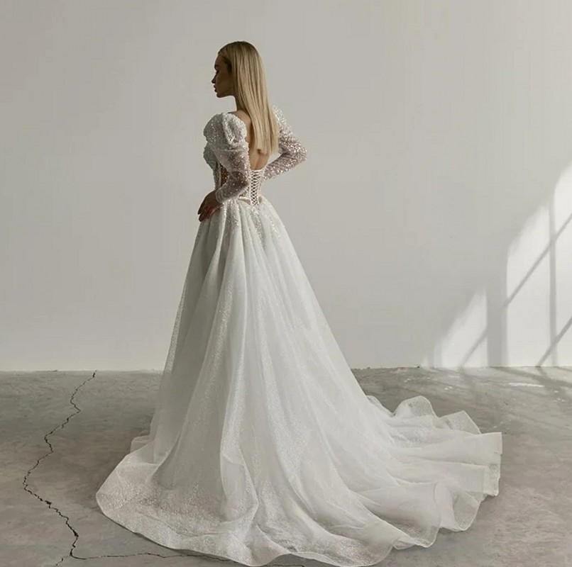 Fashion Sweetheart A-Line Wedding Dress 2024 Long Puff Sleeves Lace Beaded Sequins Sweep Train Bride Bridal Gowns Vestido De Novia Customed